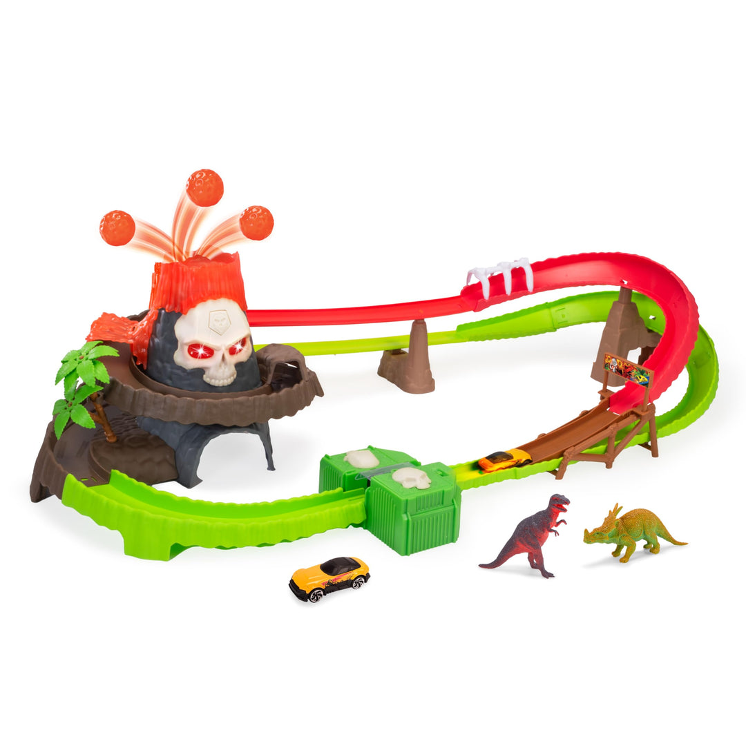 Dickie Toys - Autorennbahn Skull Volcano Track Set (100 cm) mit Vulkan-Ausbruch, Auto & Dinosaurier-