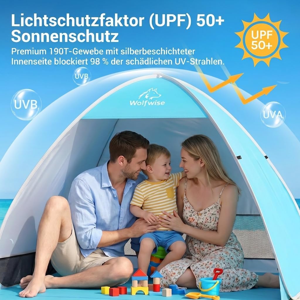 Wolfwise Strandmuschel Pop Up, Strandzelt mit UV-Schutz 50+, Sekundenschneller Aufbau, Wasserabweise