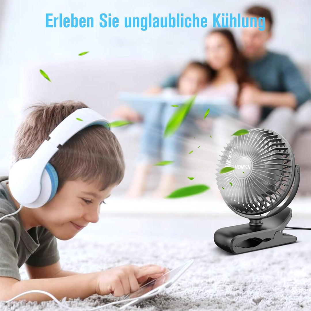 HONYIN Mini Ventilator mit Clip, 720 Grad Drehung Kleiner USB Ventilator, Starke + Stabile Klammer,