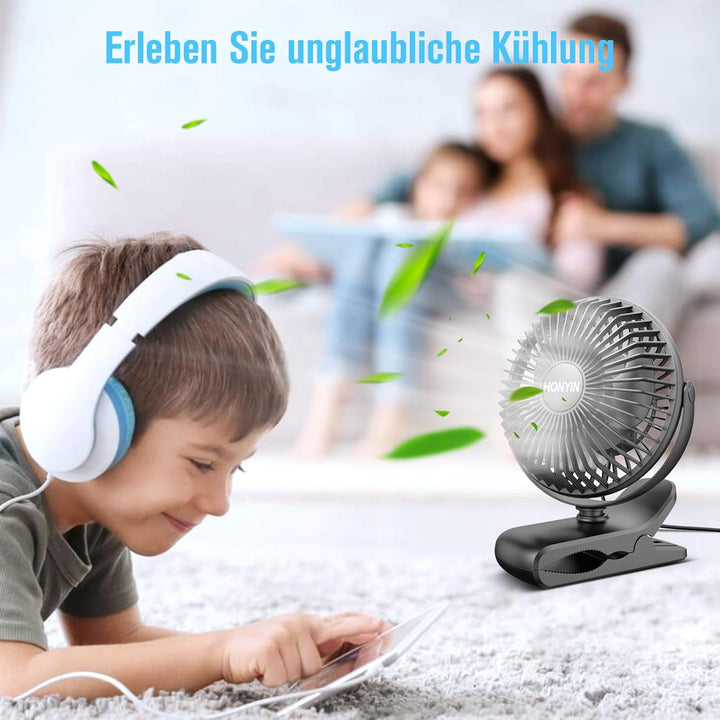 HONYIN Mini Ventilator mit Clip, 720 Grad Drehung Kleiner USB Ventilator, Starke + Stabile Klammer,