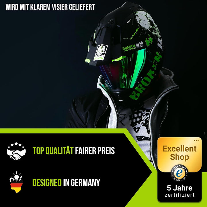 Broken Head Bone Crusher Motocross-Helm Grün mit Visier - Enduro MX Cross-Helm - Motorradhelm mit So
