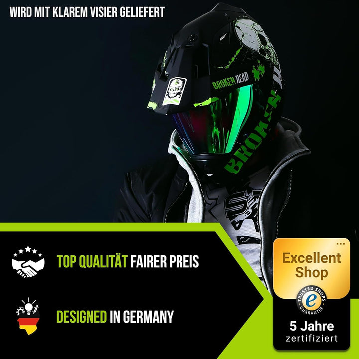 Broken Head Bone Crusher Motocross-Helm Grün mit Visier - Enduro MX Cross-Helm - Motorradhelm mit So