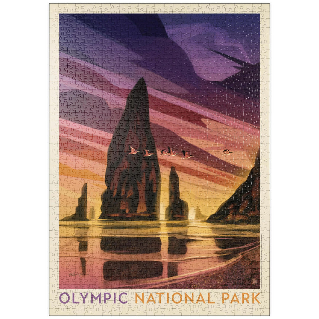 Olympic National Park: Pelikan-Sonnenuntergang, Vintage Poster - Premium 1000 Teile Puzzle - MyPuzzl