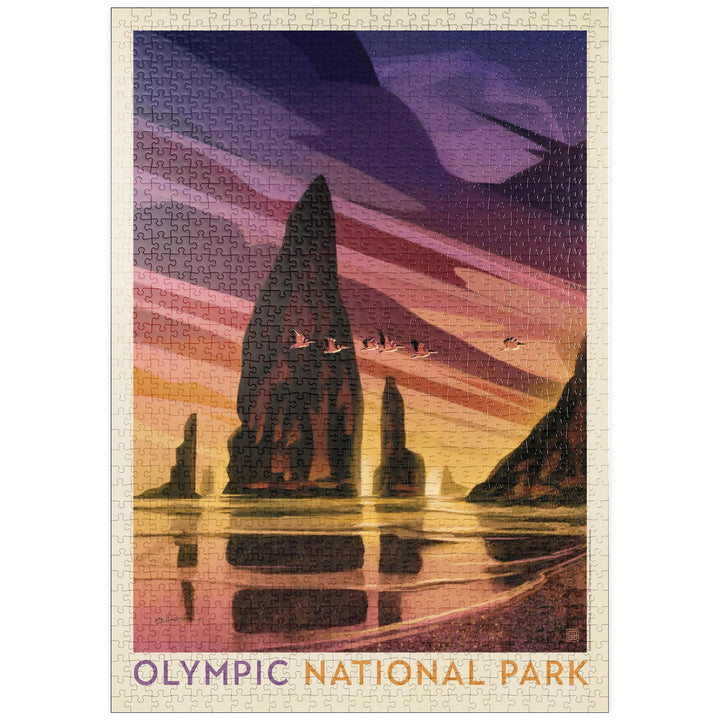 Olympic National Park: Pelikan-Sonnenuntergang, Vintage Poster - Premium 1000 Teile Puzzle - MyPuzzl