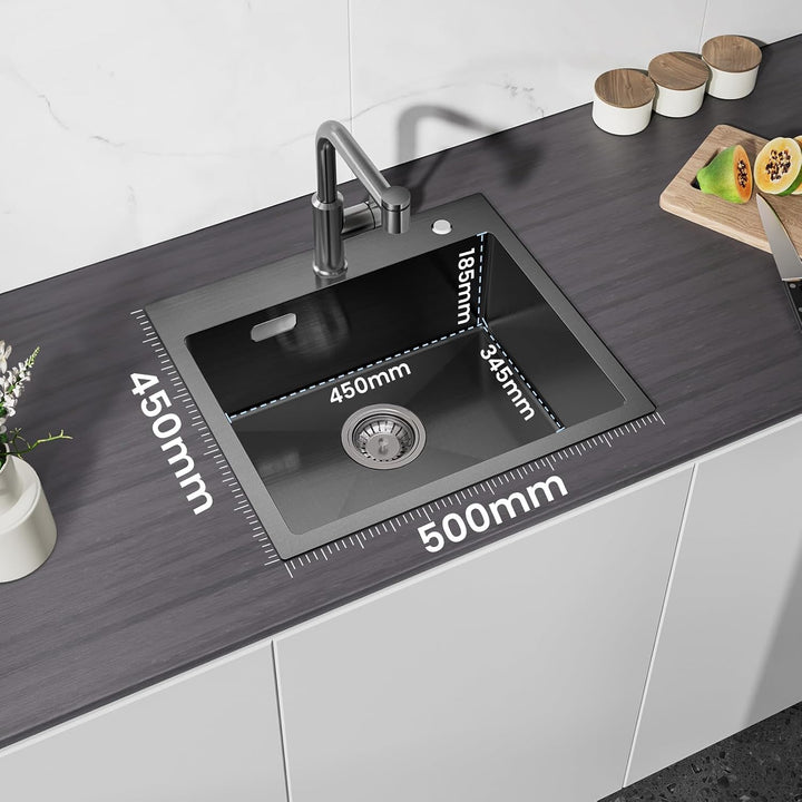 Lonheo Edelstahl Einbauspüle Anthrazit Schwarz für 60cm Unterschrank | 50x45 cm, 1 Becken, Hahnloch
