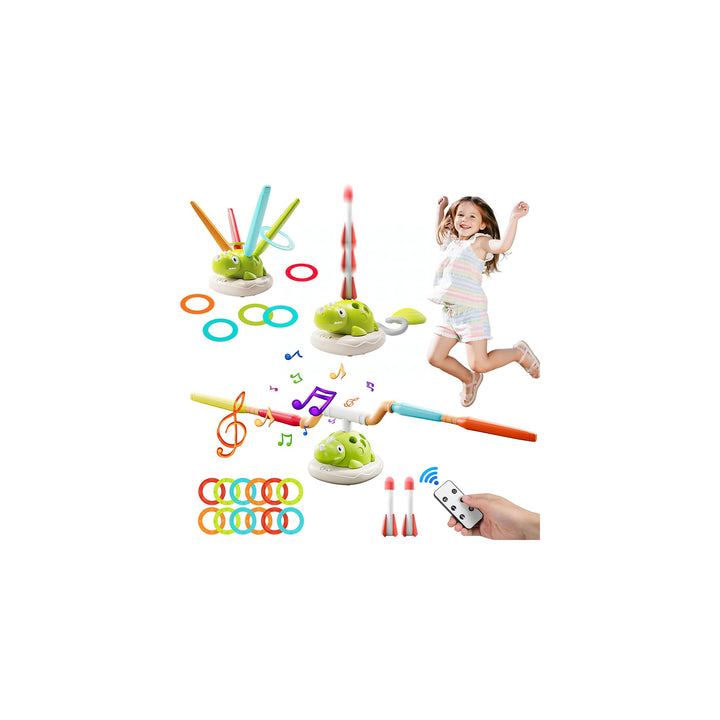 3 in 1 Outdoor Spiele für Kinder, Dinosaurier Garten Spielzeug Kinder mit Ringwurfspiel, Raketen Spi