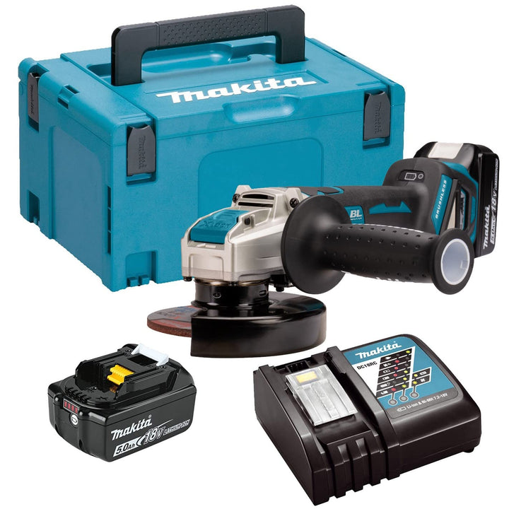Makita DGA519RTJ Akku-Winkelschleifer 18 V / 5,0 Ah, 2 Akkus + Ladegerät im MAKPAC mit 2 Akkus + Lad