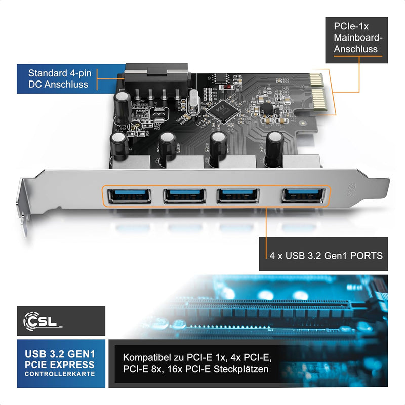 CSL - 4-Port USB 3.0 Super Speed Karte PCIe Express Controllerkarte, Schnittstellenkarte USB 3.0 - N