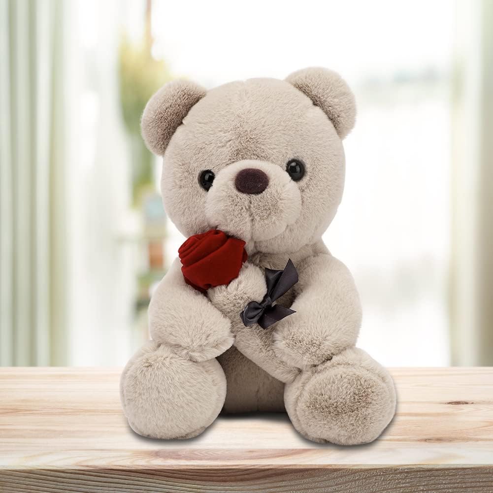 Teddybär, Plüsch-Bär, Teddy mit Rose, 23 cm Teddybären Rose Stofftier Spielzeug Dekozimmer Kissen, P