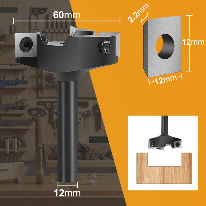 SpeTool 3 Flöten Planfräser für Oberfräse 60 mm Schnittdurchmesser, 12 mm Schaft Hobelfräser mit Wen