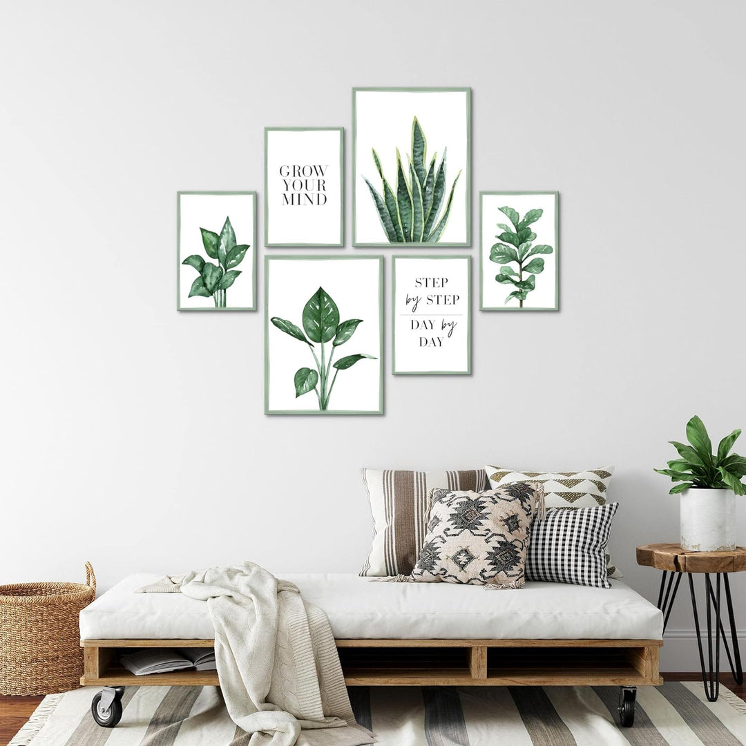 Novart Bilder Set - AUFHÄNGFERTIG - KEIN EXTRA RAHMEN BENÖTIGT - Grün Blätter Modern Natur - Wohnzim
