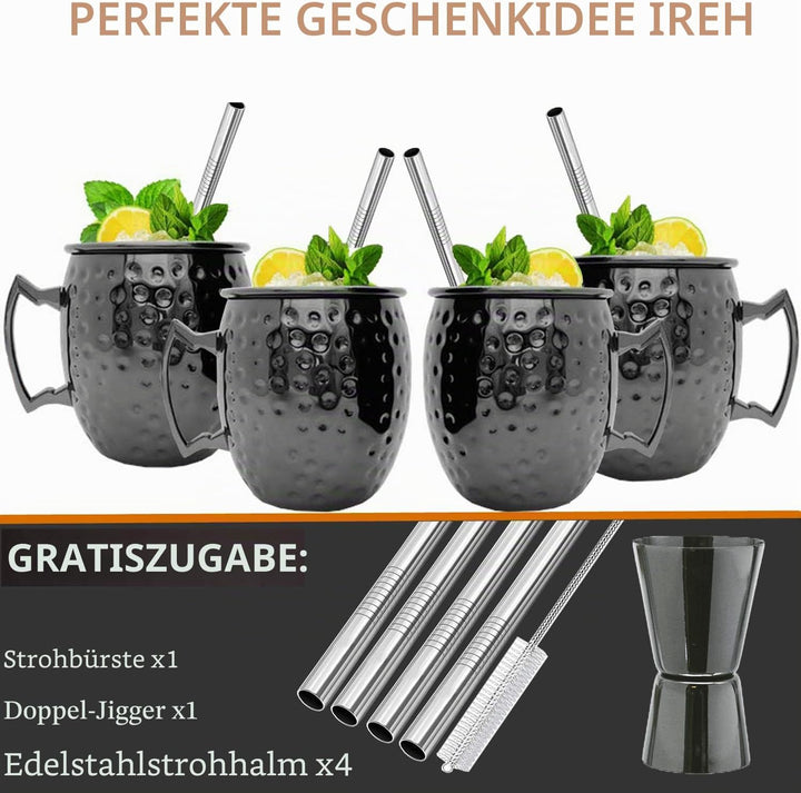 Moscow Mule Becher, Set 4er, Gunmetal schwarz 550ml, Moscow Mule Mug mit 4 Becher, 4 Trinkhalme, 1 M
