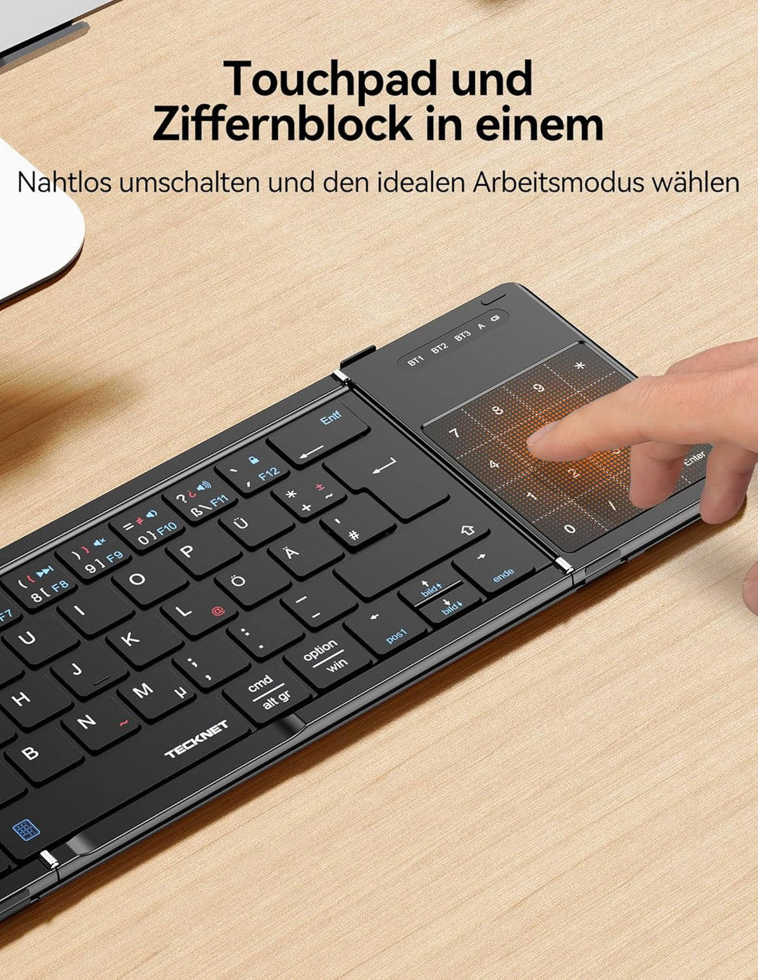 TECKNET Bluetooth Tastatur Faltbare mit Touchpad, QWERTZ Deutsch, Schwarz, Schwarz