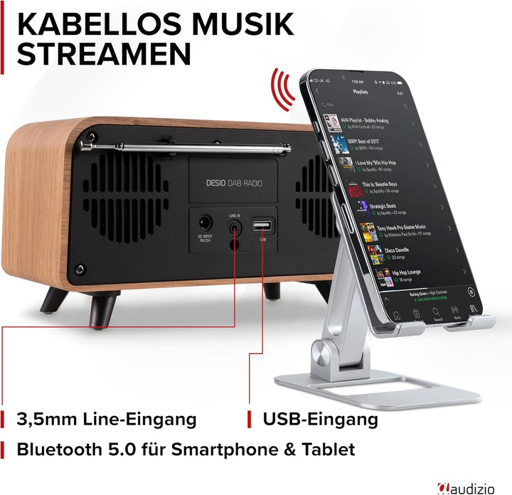 Audizio Desio - DAB Radio mit Bluetooth 5.0 - Stereo DAB Plus Radio mit Fernbedienung, 50 Speicherpl