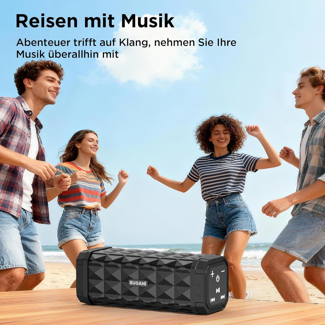 BUGANI Bluetooth Lautsprecher, Musikbox Bluetooth mit 5.4, 24H Stunden Akku, Bass-Treibern, IPX5 Was