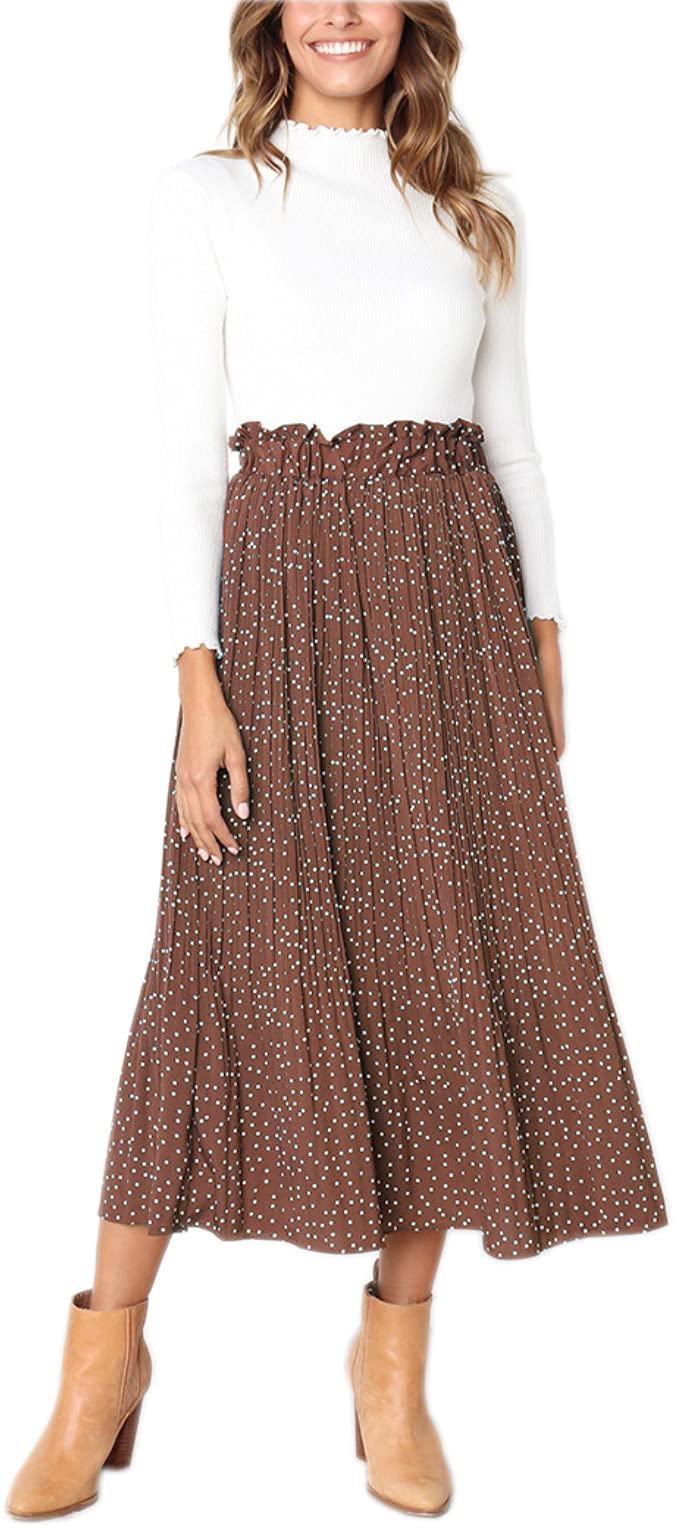 Hoerev Frauen Print Punkt mit Taschen Falten Langer Rock Beach Party Maxi Rock M Braun Punkt, M Brau