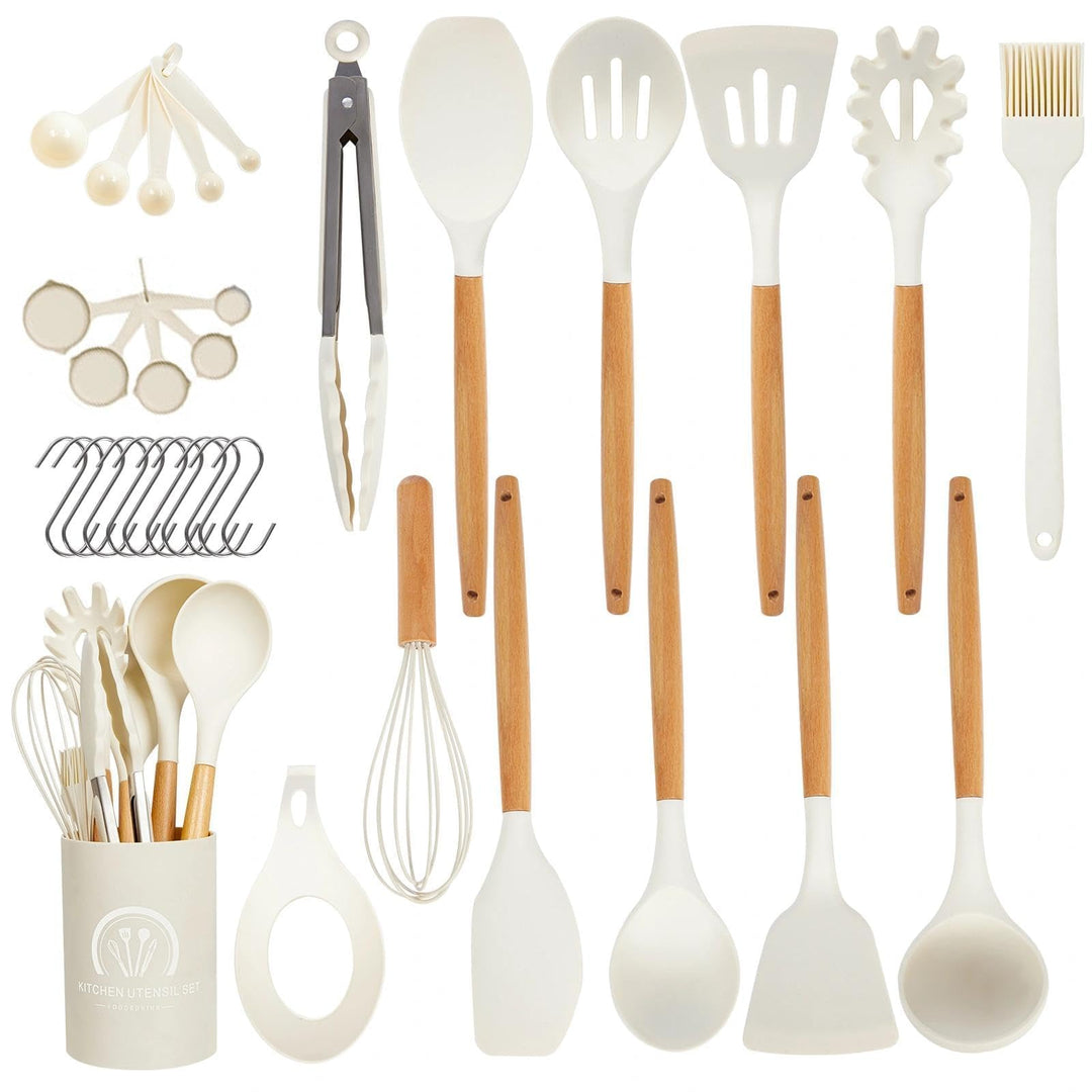 33 Stück Küchenhelfer Set, Silikon Küchenutensilien Set, Antihaft Hitzebeständiger Holzgriff Kochbes