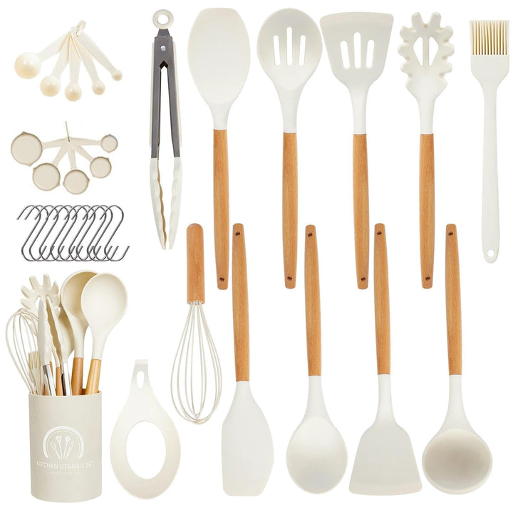 33 Stück Küchenhelfer Set, Silikon Küchenutensilien Set, Antihaft Hitzebeständiger Holzgriff Kochbes