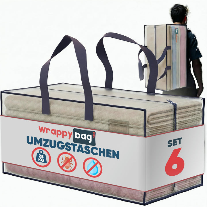 WRAPPYBAG 6er-Set Grosse Kunststoff-Aufbewahrungstaschen – Jumbo XXL Umzugstaschen – Wasserdicht, St