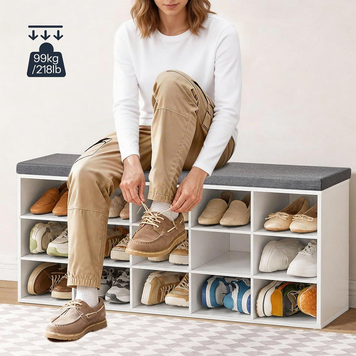 HOOBRO Schuhbank mit 15 Fächern, Schuhregal mit gepolsterter Sitzbank, Schuhschrank, 110 x 30 x 48 c