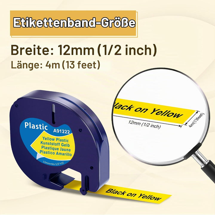 MarkField kompatible Schriftband für Dymo Letratag Gelb Kunststoff Etikettenband, Schwarz auf Gelb f