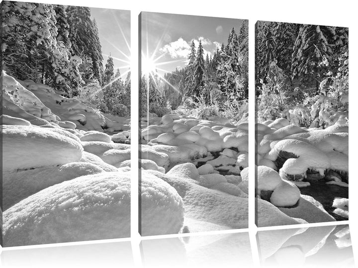 Pixxprint Sonnenstrahlenbedeckten Wald B&amp;W / 3-Teilig/Gesamtmass 120cm Leinwandbild bespannt auf Hol