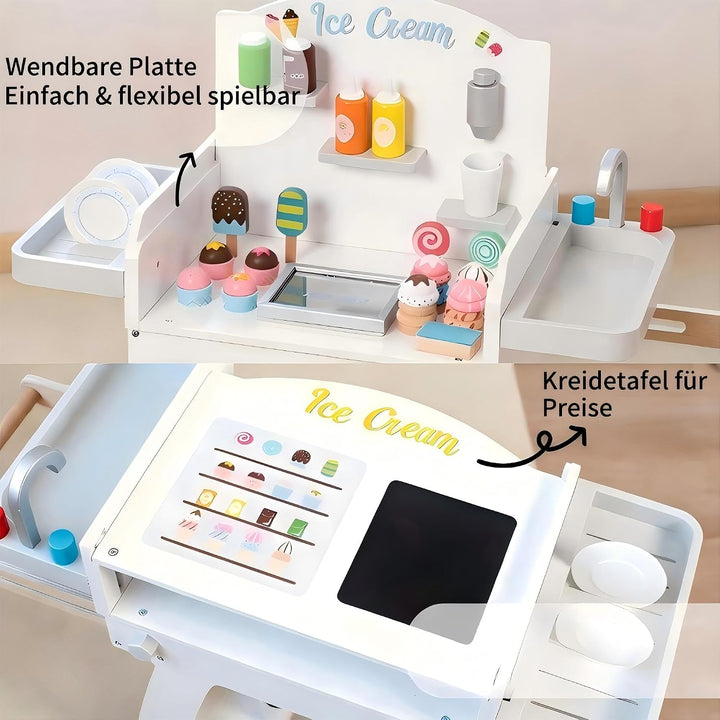 Eisdiele Kinder Holz Eisladen Spielzeug ab 3 Jahre Eiswagen kaufmannsladen mit 8 Eiscreme, 4 EIS am