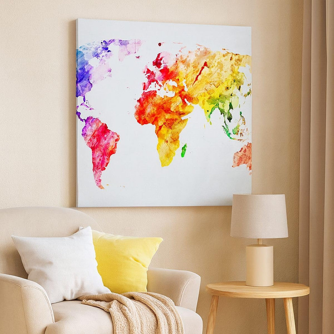 Bilder auf Leinwand Welt Karte Bunt Kontinente Leinwandbild 60x60cm Wandbilder Dekoration Wohnzimmer