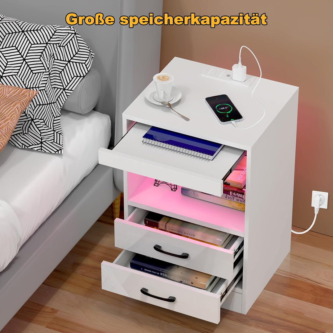 Lvhecforhm Nachttisch mit Steckdosen, Nachttisch Weiss Einstellbares Licht, Nachttische mit 2 Schubl