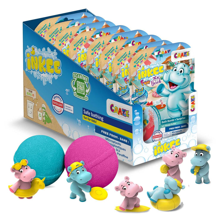INKEE Fun Beach 8er Multipack | 8x Badekugeln Kinder mit Überraschung, Badebomben Kinder mit Hippo F