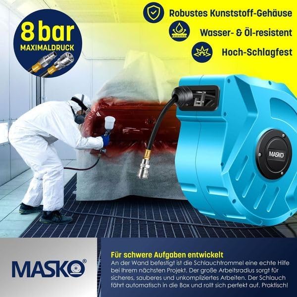 MASKO® 20m Druckluftschlauch Aufroller automatisch 1/4" Anschluss - Schlauchtrommel Wandschlauchhalt