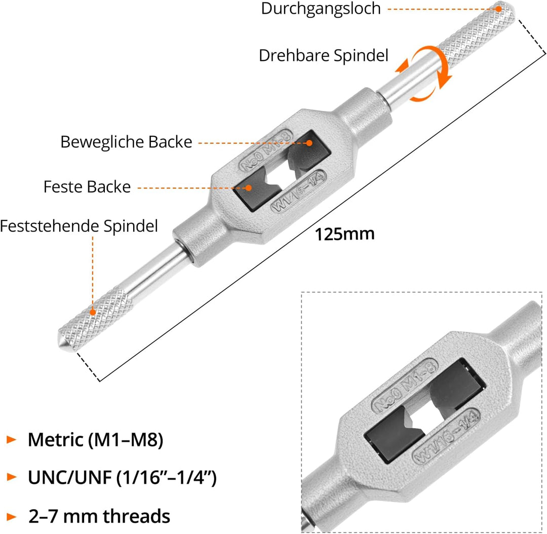QWORK® 11 Stück Gewindebohrer-Bit-Set – HSS-Gewindebohrer M1–M3,5 mit verstellbarem Windeisen – Prof