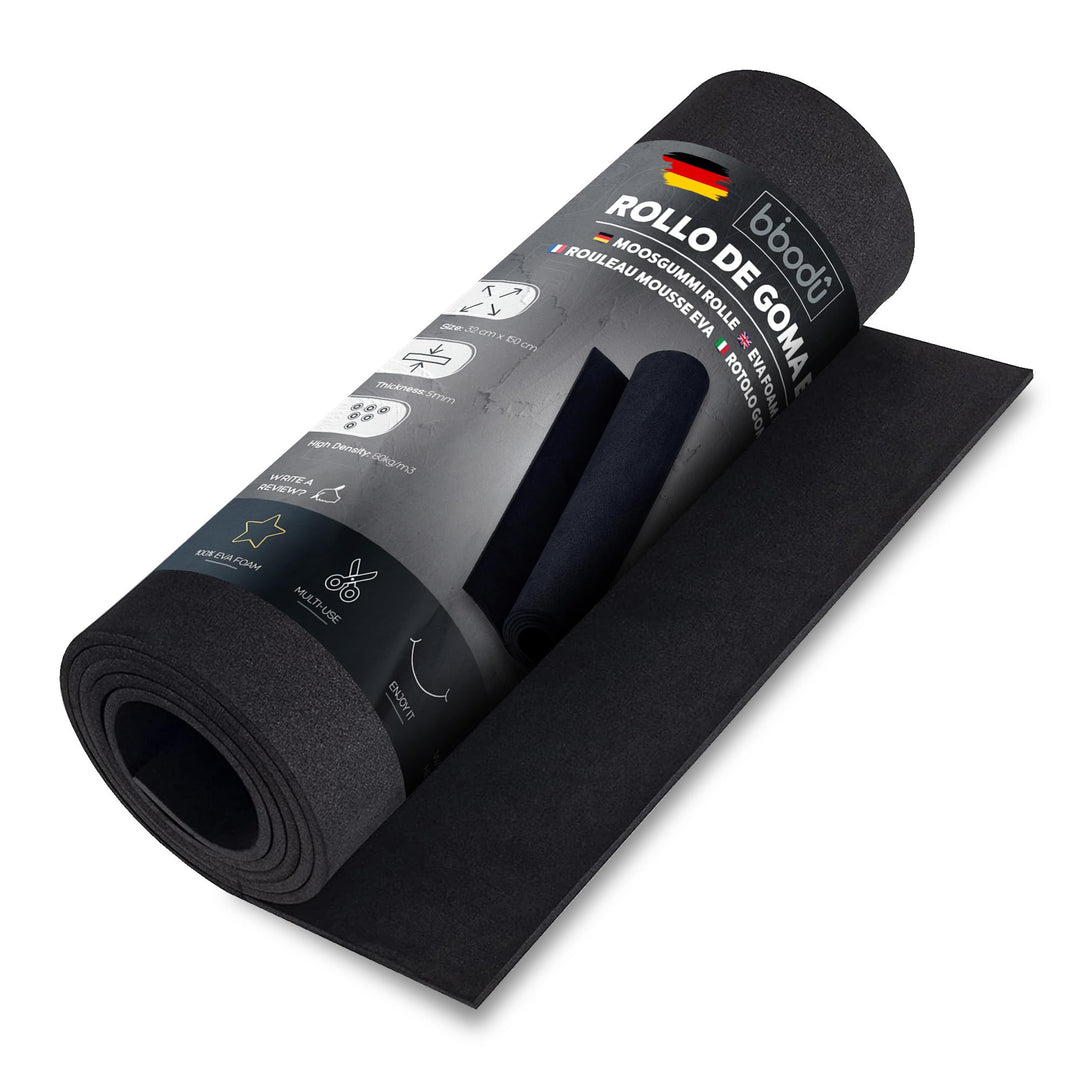Roll Eva Foam 5mm Schwarz Farbe | Moosgummi 5mm Dicke | Grösse 150cm x 32cm, Dichte 80 kg/m3 | Eva F