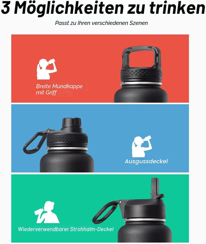 Coolflask 1180ml Isolierte Wasserflasche mit Strohhalm und 3 Deckeln, Metallwasserflasche für Sport