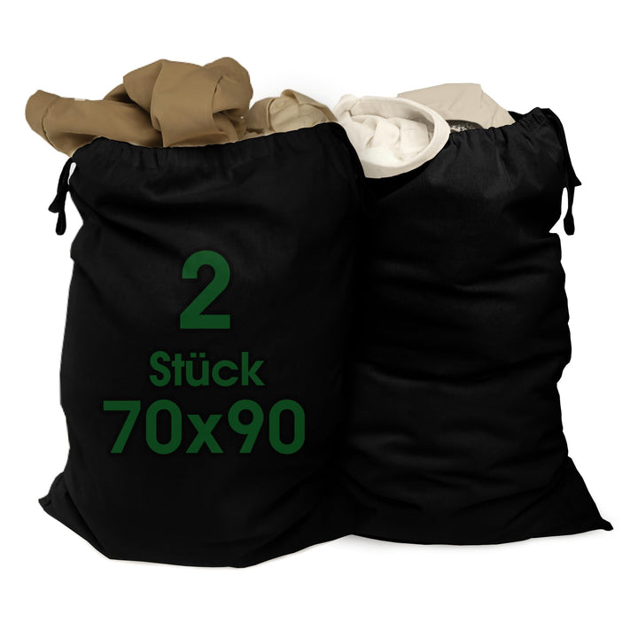ELES VIDA® - XXL Wäschebeutel Schwarz 2 Stück 70x90cm aus 100% Baumwolle - XL Extra grosse Heavy Dut