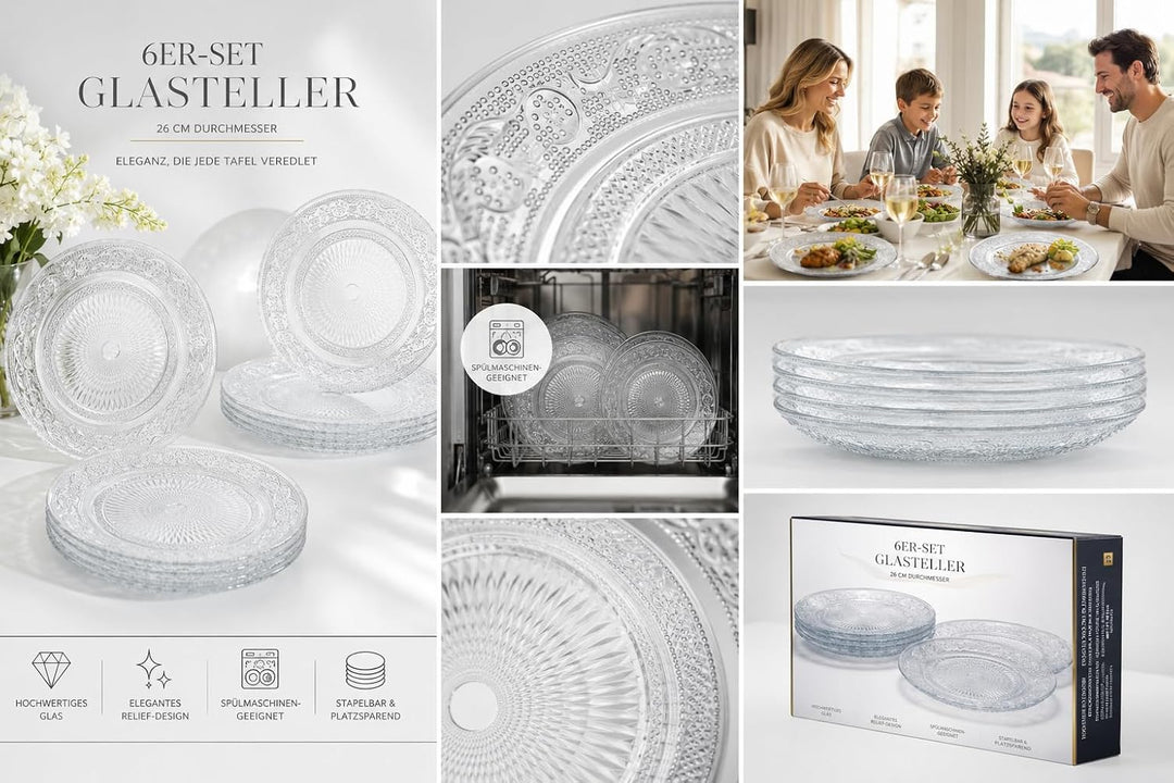 DRULINE 6 tlg. Tellerset 6 Personen Nostalgie Glasteller Speiseteller Essteller Salatteller Glas Vor
