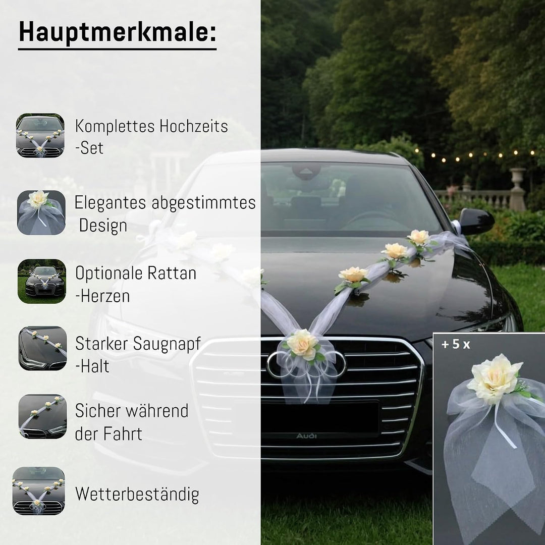 Organza M + Schleife Auto Schmuck Braut Paar Rose Deko Dekoration Autoschmuck Hochzeit Car Auto Wedd