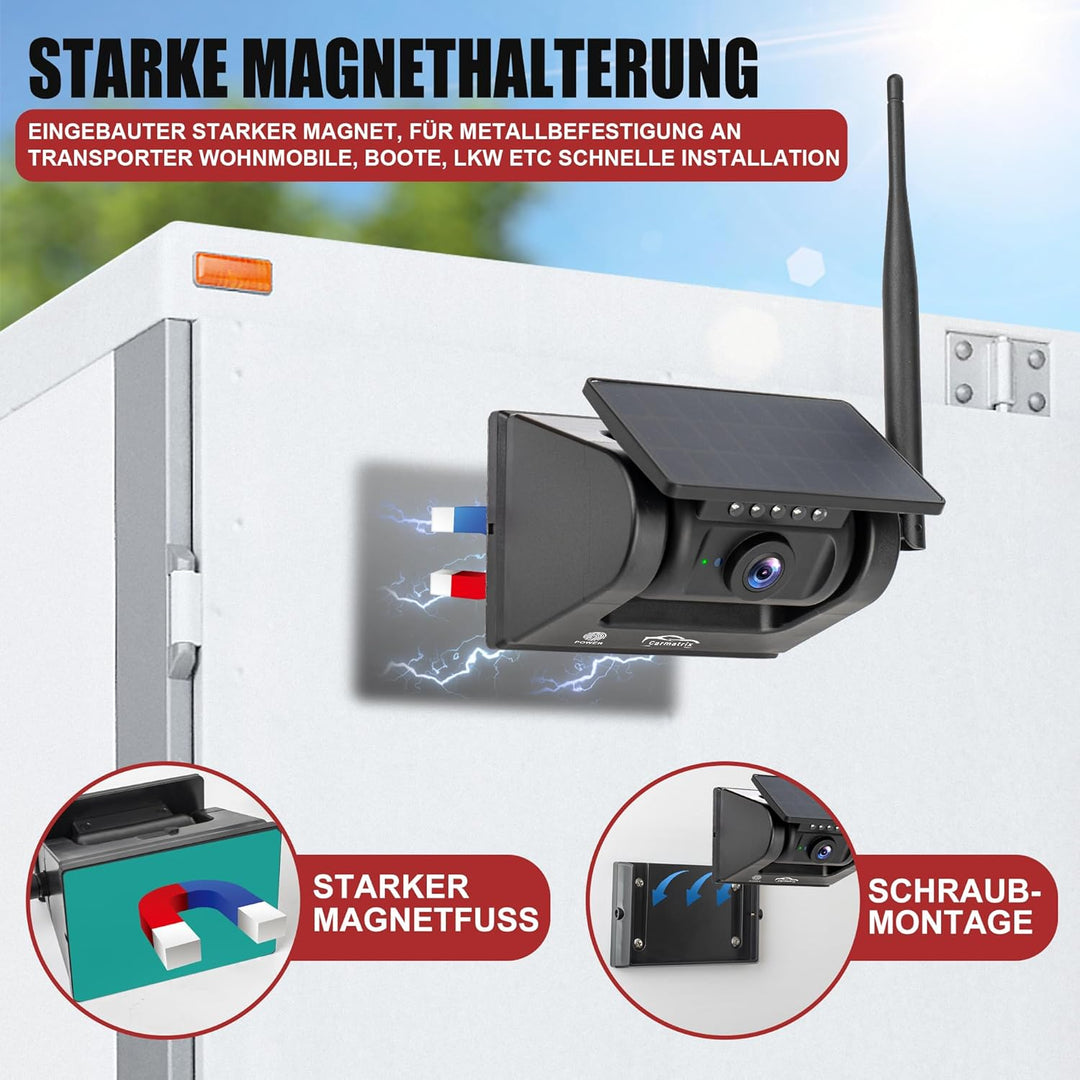 Magnet Rückfahrkamera mit Funk WLAN Solar – Kabellose Einparkhilfe mit KI-Personenerkennung, App-Übe
