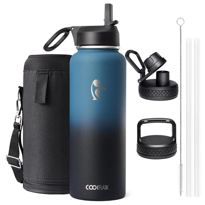 Coolflask 1180ml Isolierte Wasserflasche mit Strohhalm & 3 Deckeln, Metall-Wasserflasche für Sport o