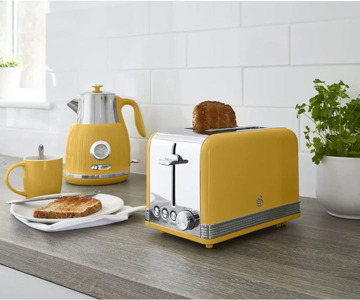 Swan Retro ST19010YELNEU 2-Scheiben-Breitschlitz-Brottoaster, Vintage Design, 3 Funktionen: Auftauen