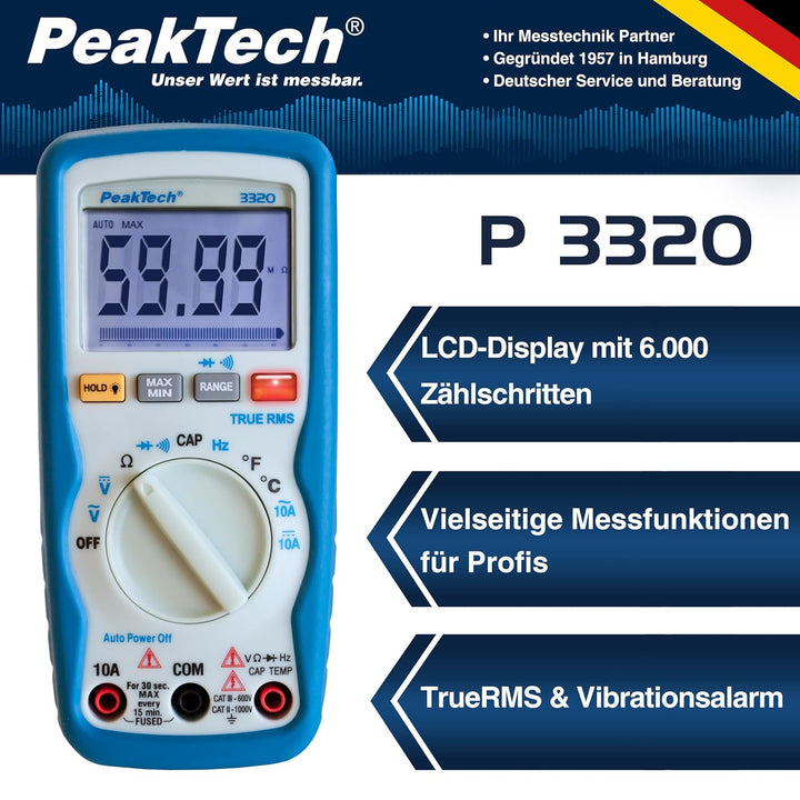 PeakTech 3320 Digitales Multimeter mit TrueRMS, 10 A AC/DC, 6.000 Zähler, tragbares Multimeter, Volt