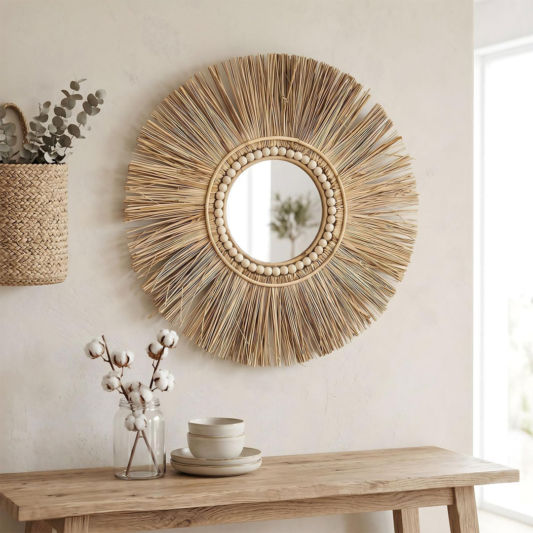 levandeo Spiegel Seegras Ø 55cm Wandspiegel Flurspiegel Wanddeko Boho Deko Bohostyle Bohochic Nature