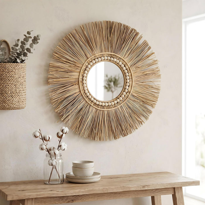 levandeo Spiegel Seegras Ø 55cm Wandspiegel Flurspiegel Wanddeko Boho Deko Bohostyle Bohochic Nature