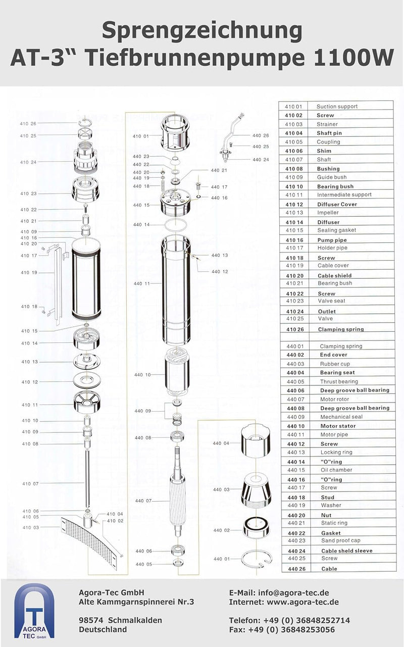 Agora-Tec® AT- 3" Brunnenpumpe 1100W mit 30 m Kabel Edelstahl-Tiefbrunnenpumpe mit max: 14,4 bar, 32