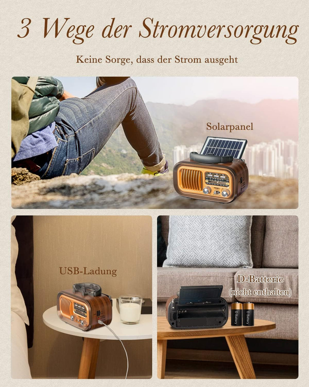 PRUNUS J-150 AM/FM/SW Retro Radio Klein, Vintage Radio Betrieben mit 1200mAh Akku oder D-Zellen Batt