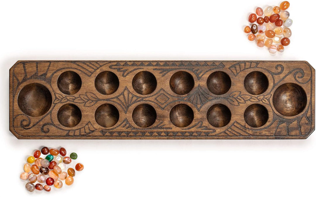 Yellow Mountain Imports Mancala-Set mit 44 Zentimeter Massivholzbrett und Quarzkiesel-Spielsteinen –