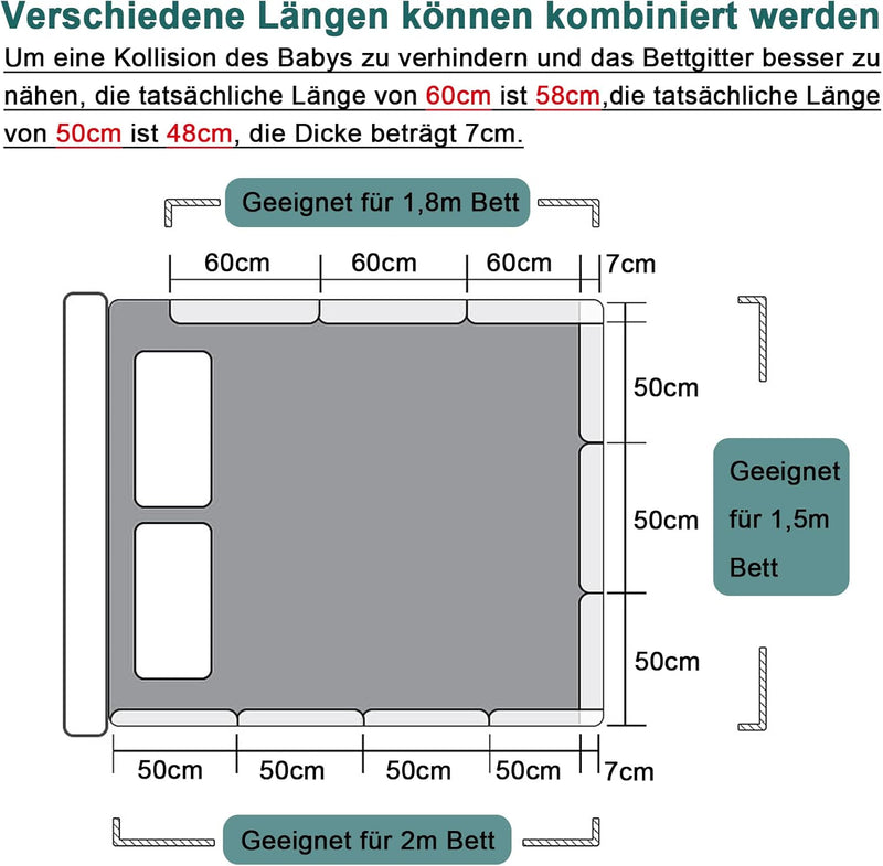 UISEBRT Bettgitter 50cm Rausfallschutz Bett, Bettschutzgitter für Kinder 5-Loch Höhenverstellbar Kin