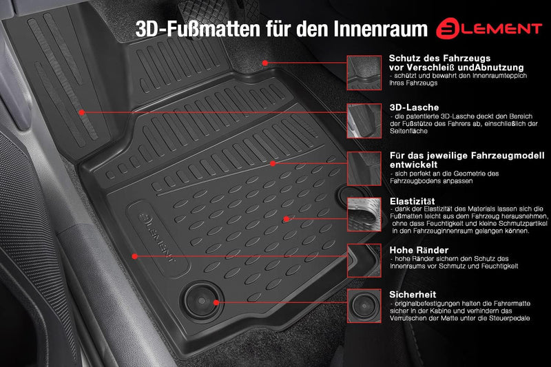 Element Passgenaue Premium Antirutsch Gummi Fussmatten - Ford Ranger, MK3 4 Türen 2011-2020