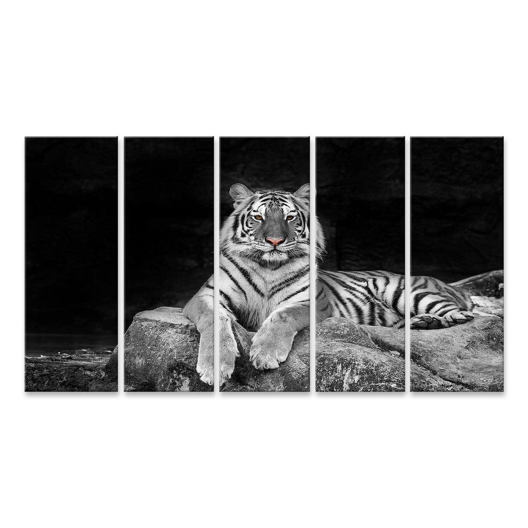 islandburner Bild auf Leinwand Tiger Liegt Auf Stein Schwarz-Weiss Bilder Wandbilder Poster Leinwand