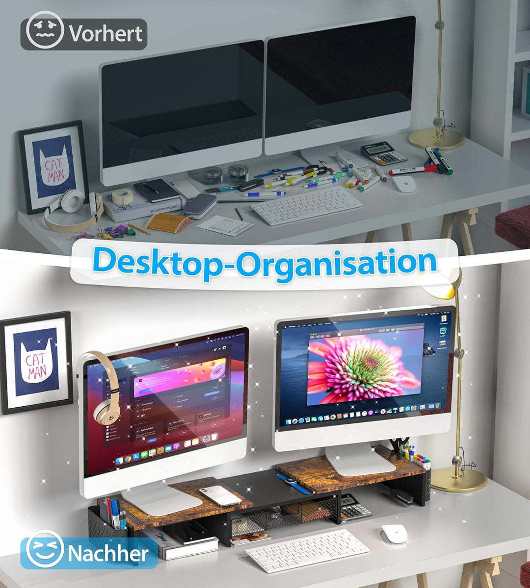 MOWETOO Dual Monitorständer Holz,Monitor Stand mit Schublade &amp; 2 Stifthaltern, Längenverstellbar &amp; D